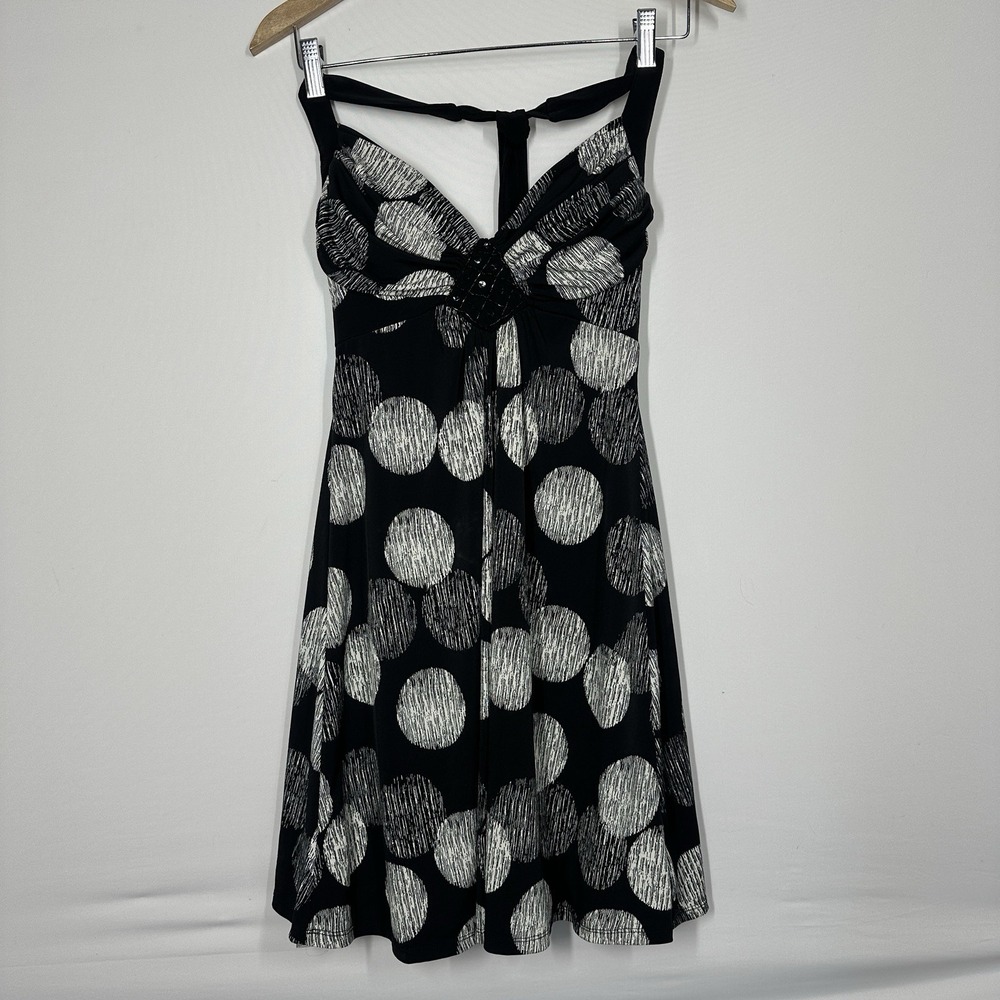 Heart Soul halter dress black white polka dot beaded accent bodice Small Mini